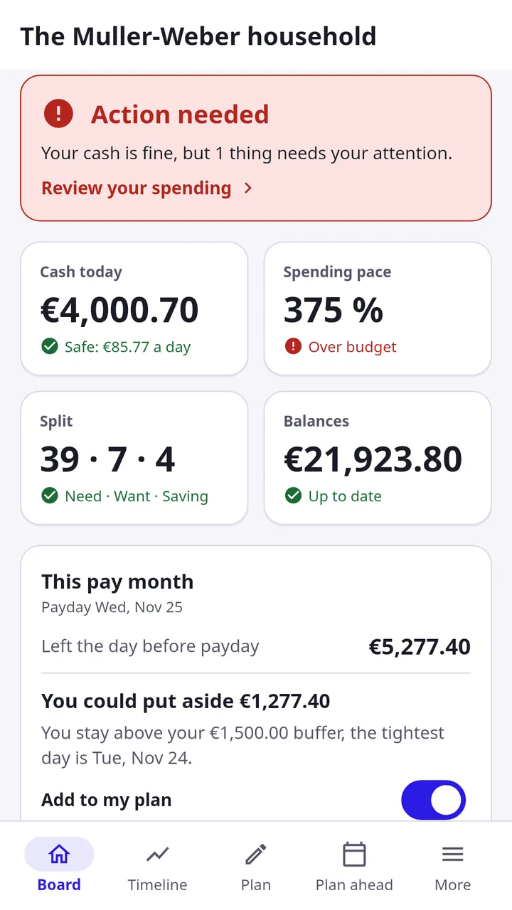 The Board screen of the Surplus app, with a demo household