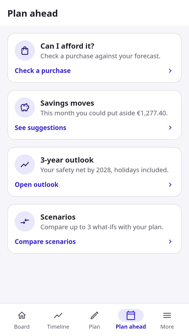 The Plan ahead screen of the Surplus app, with a demo household